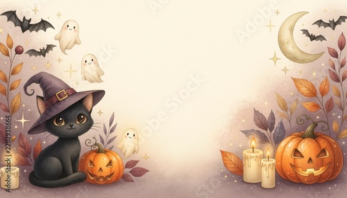 Cute black cat wearing witch hat with halloween elements background