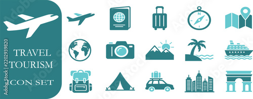 Travel and tourism flat vector teal icon set collection for vacation planning design