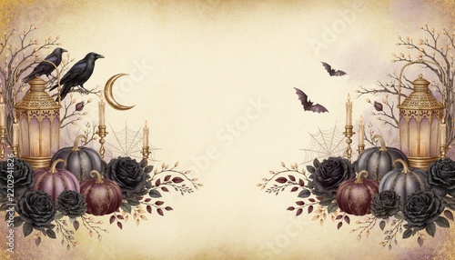 Vintage halloween background with lanterns pumpkins and ravens
