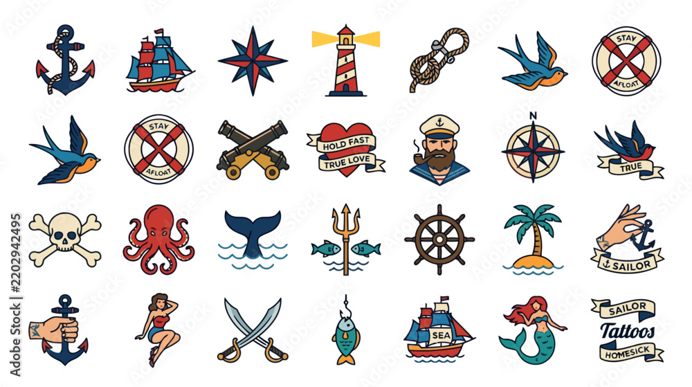 Obraz premium Nautical Tattoo Flash Set Icons: Anchor, Ship, Compass, Lighthouse, Octopus, Skull