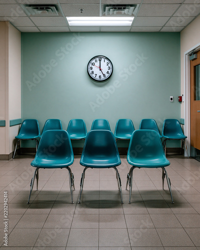 Waiting Room Time: An empty waiting room with rows of turquoise chairs facing a clock on a pale teal wall, conveying a sense of quiet anticipation and stillness.