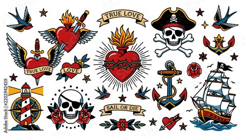 Nautical and Love Tattoo Flash Art: Skulls, Ships, Anchors, Hearts, Roses