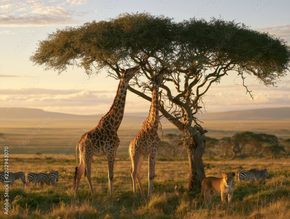 Fototapeta premium Two tall giraffes browsing acacia tree leaves alongside lioness resting on golden savannah grass during vibrant African safari sunset with grazing zebras in serengeti wild landscape nature