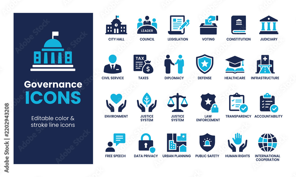 Obraz premium Governance government system politics law justice voting policy democracy icon set illustration