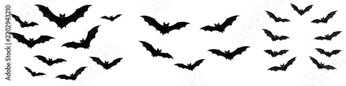 Flying bats silhouette set isolated PNG, swarms of black scary bats on transparent background, halloween party decoration elements