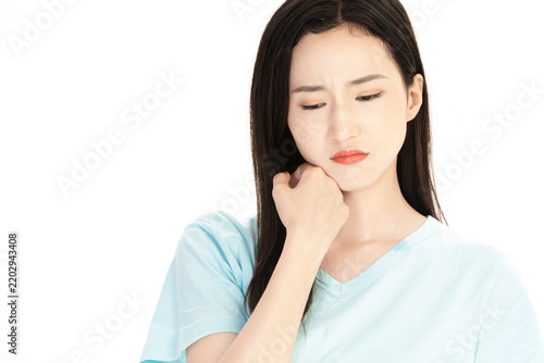 Young Woman with Neck Pain or Sore Throat on White Background