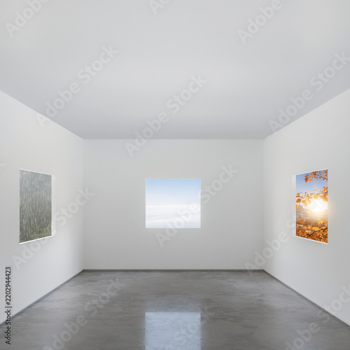 Minimalist gallery wall featuring abstract and nature-themed artwork in modern empty room