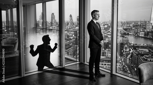 Businessman's shadow reflects inner turmoil overlooking city skyline