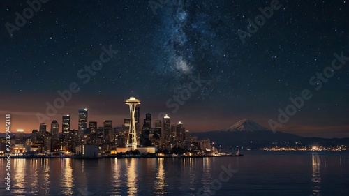Stunning night view of the Seattle skyline with the Milky Way galaxy above the city.