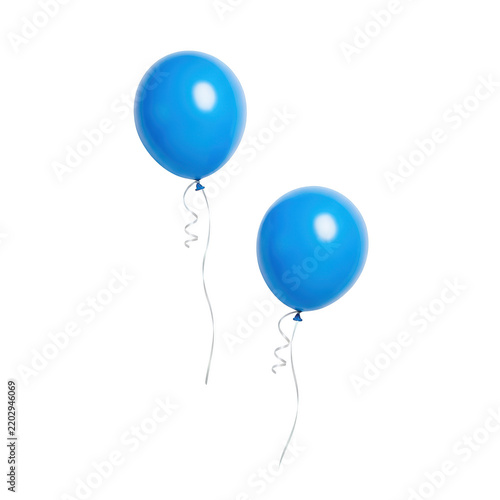 Two blue balloons floating on transparent background with ribbons for celebration party.