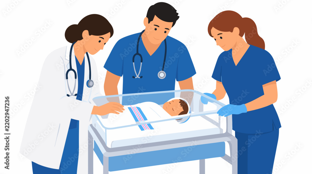 Fototapeta premium Flat color vector illustration of medical team caring for newborn baby in hospital bassinet, doctor and nurses with stethoscopes caring for infant, healthcare concept on clean white background