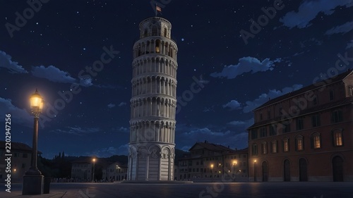 The Leaning Tower of Pisa illuminated at night under a starry sky in Italy.