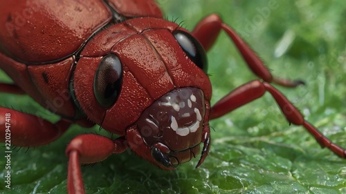 Extreme macro close up of a red beetle resting on a green leaf.
