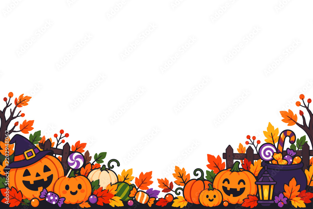 Fototapeta premium Festive Halloween border with carved pumpkins and autumn leaves on a white background.