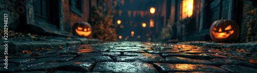 Halloween background cobblestone street with glowing pumpkin lantern and wet stone pavement at night, creating mysterious autumn scene beneath warm street light