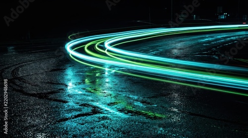 Abstract Night Traffic Light Trails with Vibrant Cyan and Green Glow on a Rainy Urban Street Surface