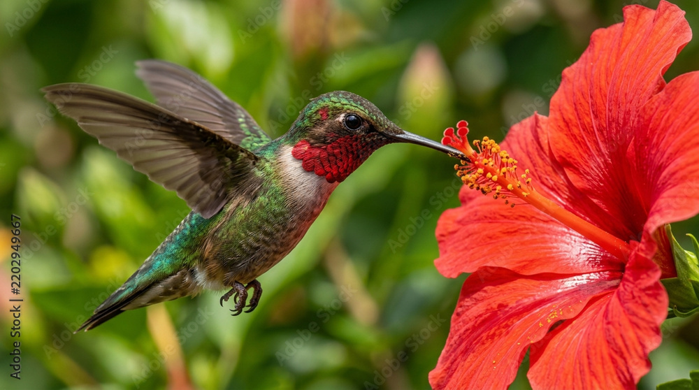 Fototapeta premium Ruby-throated hummingbird feeding on vibrant red hibiscus flower