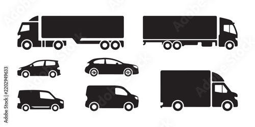 Commercial vehicle types icon set containing trucks semi trailers vans and hatchbacks vector.