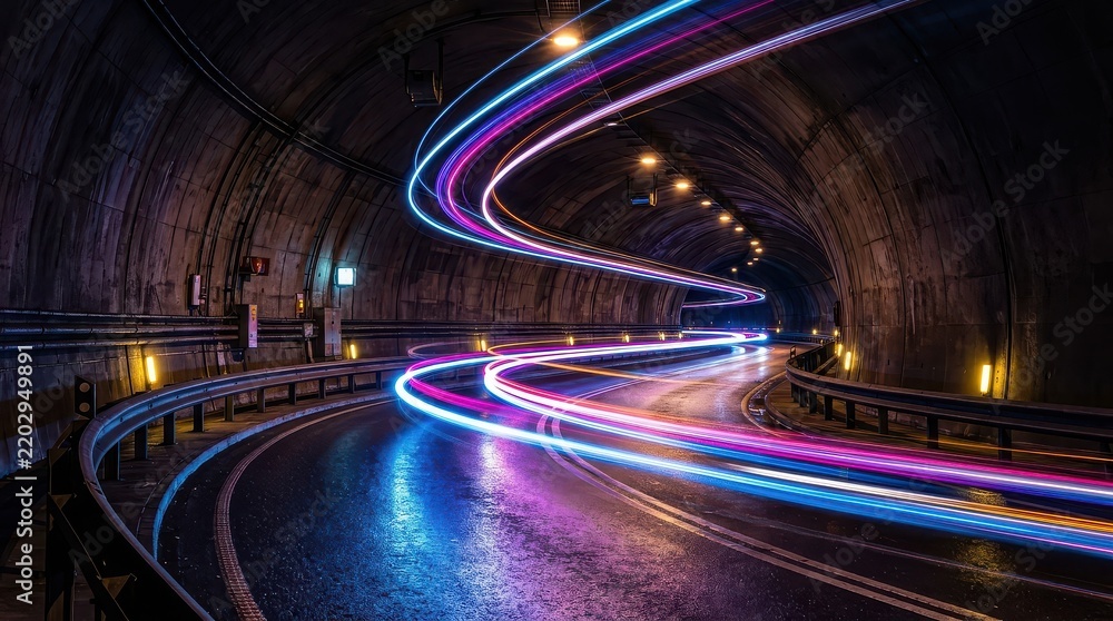 Fototapeta premium Futuristic Tunnel with Vibrant Neon Light Trails and Long Exposure Motion Blur for High-Speed Technology Concept
