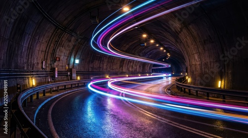 Futuristic Tunnel with Vibrant Neon Light Trails and Long Exposure Motion Blur for High-Speed Technology Concept