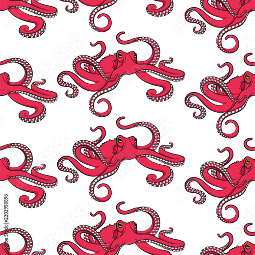 Seamless pattern with red octopus. Color vector background on white.