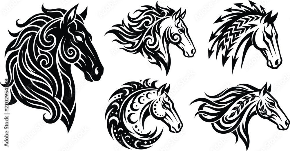 Obraz premium Tribal Horse Head Vector Silhouette Set Featuring Decorative Wild Stallion Profiles and Stylized Equine Mane Elements for Tattoos Logos and Decals