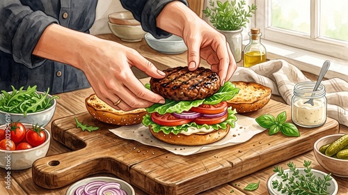 Preparing a healthy plant based vegan burger in the kitchen