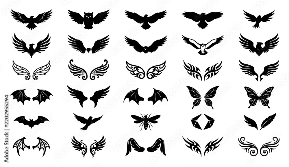Fototapeta premium Collection of various black wing silhouettes arranged in set with simple line art design featuring outline, illustration, graphic elements with clean design and vector art