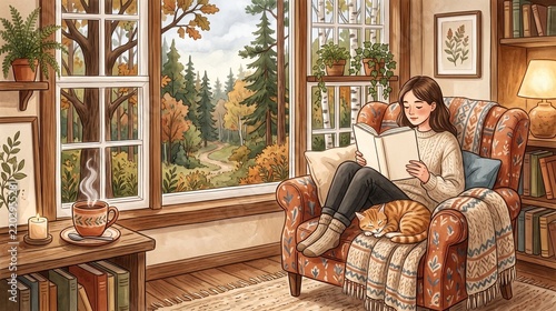 Cozy reading nook by the window with a sleeping cat