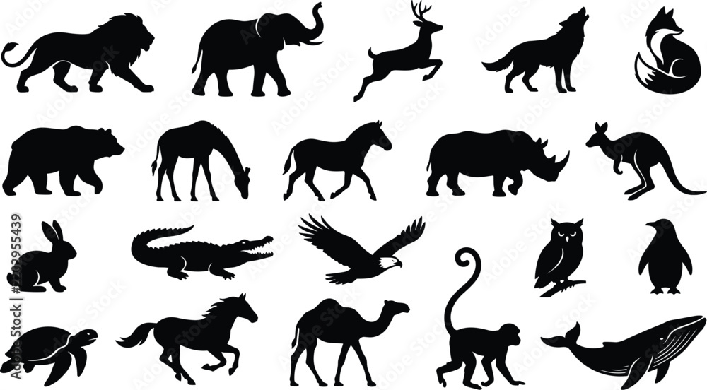 Obraz premium Wild Animal Silhouette Icon Collection Featuring African Safari Creatures Forest Wildlife Marine Life and Birds Vector Set for Nature and Kids Education Designs