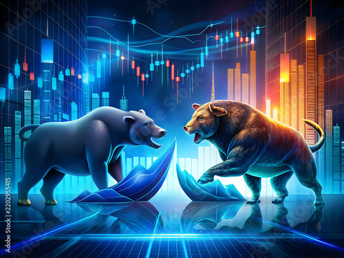 Bull and bear statues charging in a financial market background