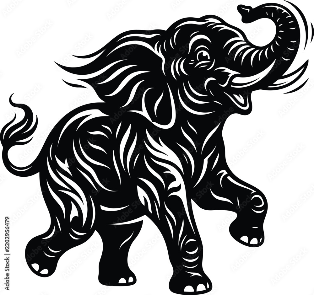 Obraz premium A striking black and white silhouette of an elephant showcasing intricate details and a dynamic pose