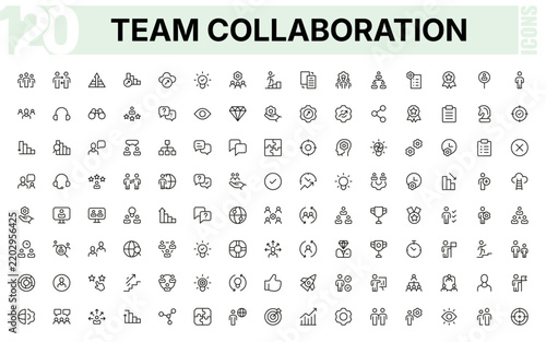 Team collaboration icon set. Modern icons illustration emphasizing employee engagement practices and productive group brain storming sessions.