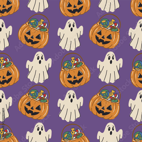 Halloween festive vector background, hand drawn seamless pattern with pumpkins, spider web and ghosts perfect for spooky season design.