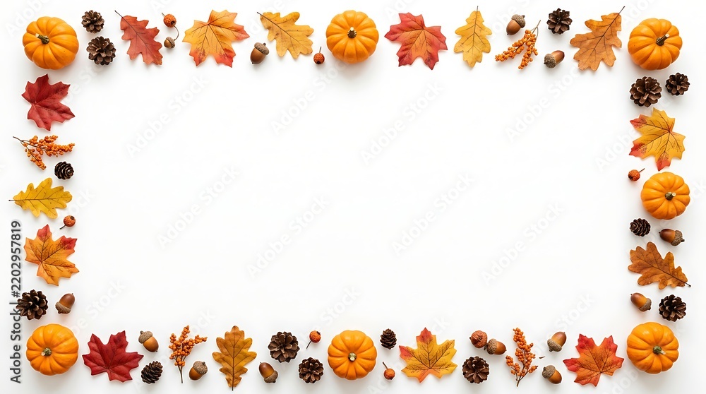 Fototapeta premium Autumn harvest flat lay frame composition with vibrant leaves and small pumpkins