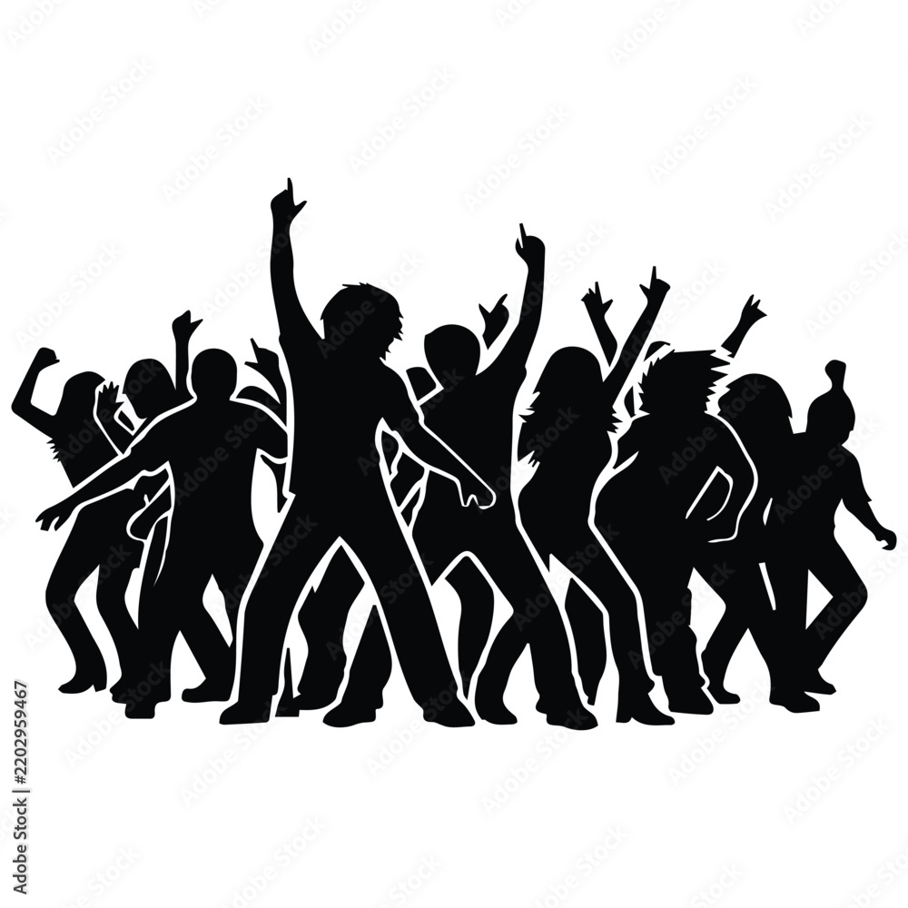 Fototapeta premium Energetic dancing crowd vector silhouette illustration for music festival event promotional.