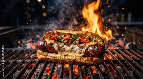 Juicy Grilled Bratwurst Sausage Sandwich with Melted Cheese and Peppers on a Burning Barbecue Grill