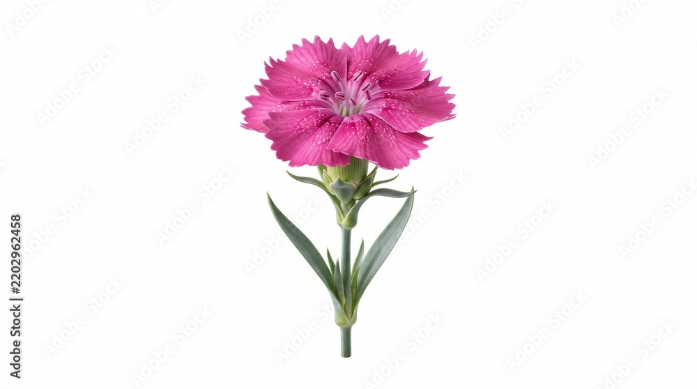 Obraz premium Pink Dianthus Flower with Green Stem Isolated on White Background
