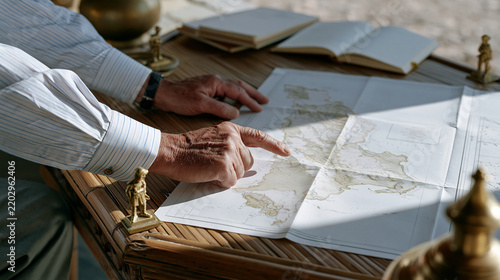 Weathered hands of a cultural consultant spread hand-drawn regional maps across a sunlit bamboo table, brass figurines anchoring corners, notebooks filled with dialect notes
