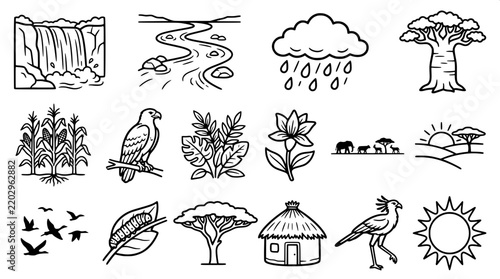African Rainforest Nature and Botanical Outline Vector Collection