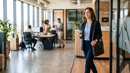 Confident businesswoman walking in a bright, contemporary office, carrying a reusable coffee cup and a work bag, symbolizing a successful career and dynamic work environment.