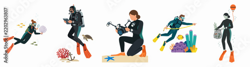 Quadro su tela Flat vector illustrations of scuba divers engaged in various activities like marine research, underwater photography, and ocean cleanup against a white background
