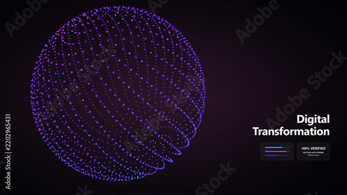 Abstract purple and blue dots forming a sphere representing data connection in digital transformation.