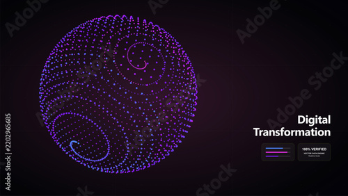 Abstract purple and blue dots with a spiral pattern inside a sphere for digital transformation concepts.