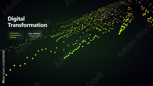 Digital transformation concept with green and yellow particles forming abstract wave on dark background.