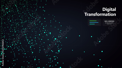 Digital transformation concept with teal particles forming abstract wave on dark background.