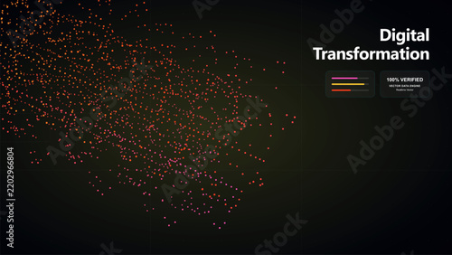 Digital transformation concept with orange and red particles forming abstract wave on dark background.