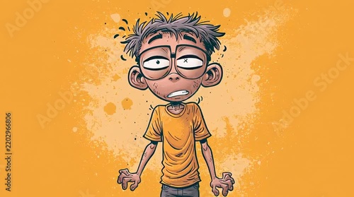 Mental health and anxiety concept stressed cartoon boy with wide eyes and messy hair looking overwhelmed isolated on a solid orange background