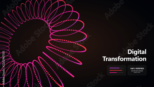 Digital transformation concept with spiral pattern of pink and purple particles on dark background.