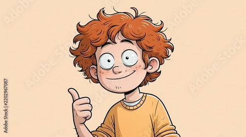 Success and approval concept cartoon boy with red hair giving a thumbs up gesture happy child character isolated on a solid light orange background